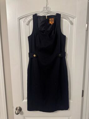 Tory Burch Navy Sleeveless Midi Sheath Dress with Gold Buttons